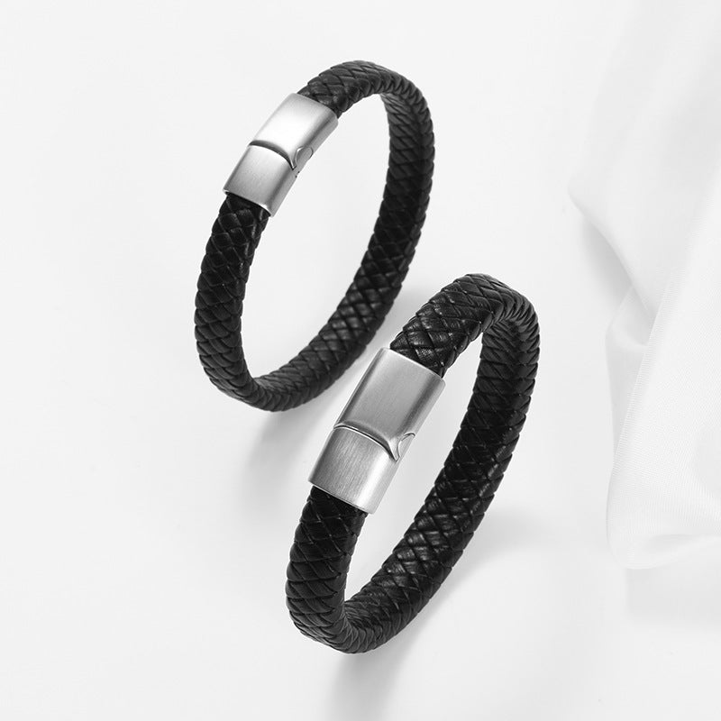 Men's Fashion Stainless Steel Magnetic Snap Leather Cord Bracelet Woven Personality