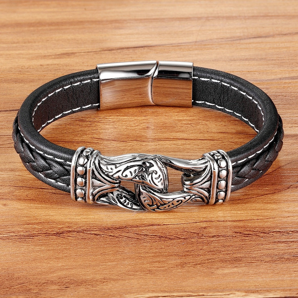 Stainless Steel Magnetic Buckle Leather Bracelet For Lovers