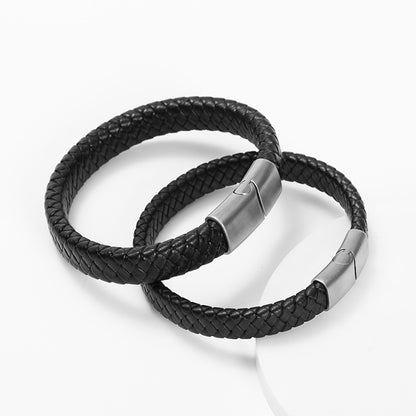 Men's Fashion Stainless Steel Magnetic Snap Leather Cord Bracelet Woven Personality