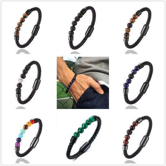Stainless steel magnetic leather bracelet