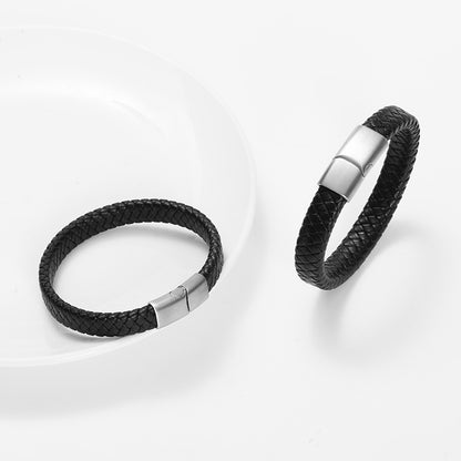Men's Fashion Stainless Steel Magnetic Snap Leather Cord Bracelet Woven Personality