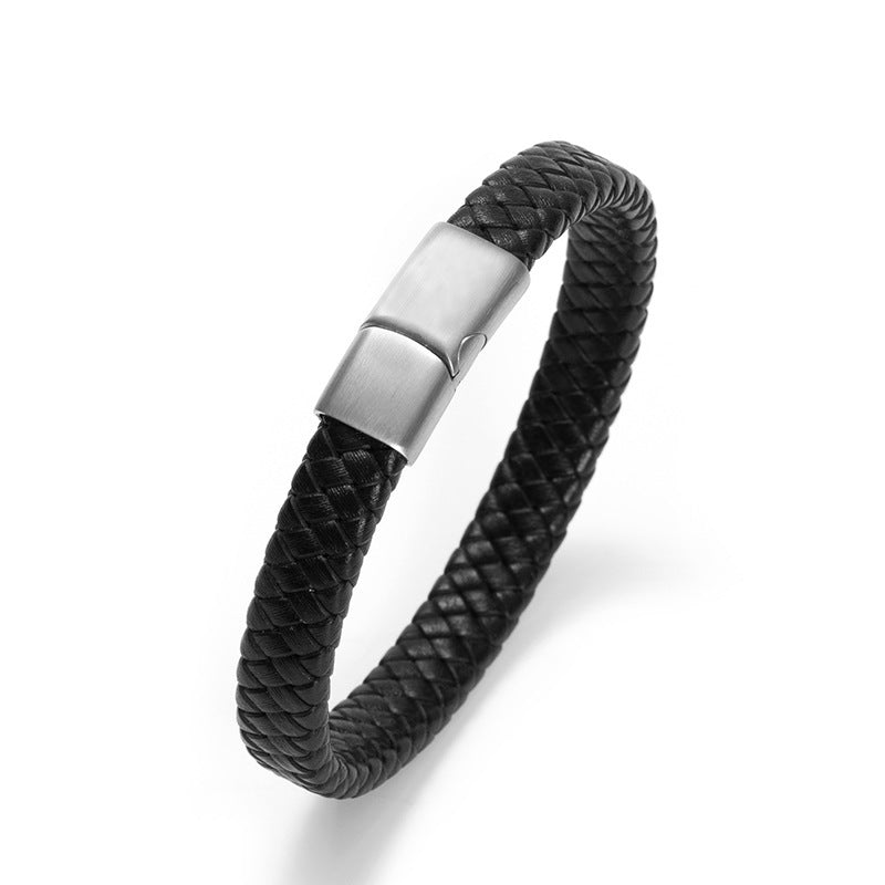 Men's Fashion Stainless Steel Magnetic Snap Leather Cord Bracelet Woven Personality